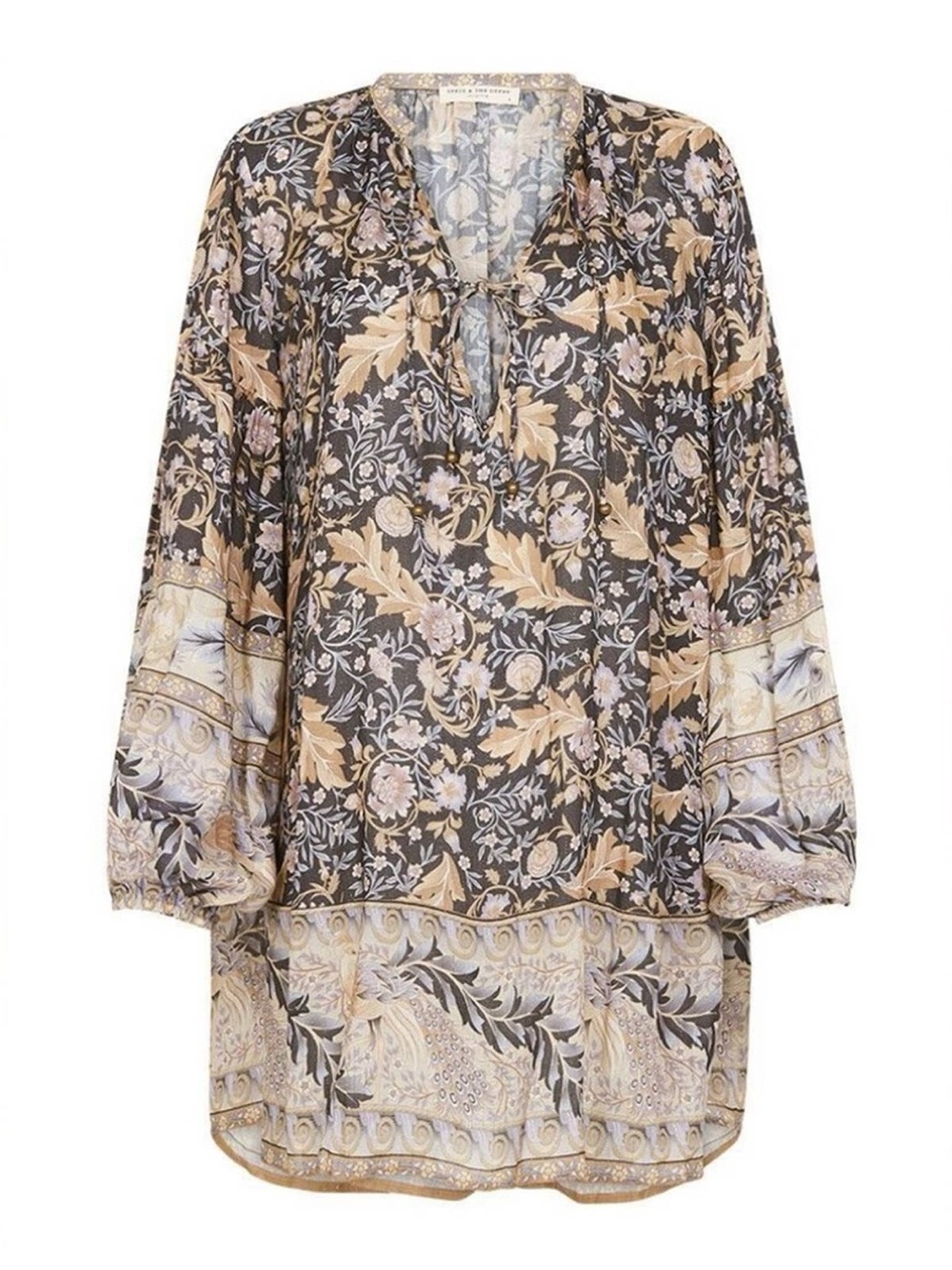 Boho Floral Peasant Blouse - Slate Gray & Beige Spell & The Gypsy